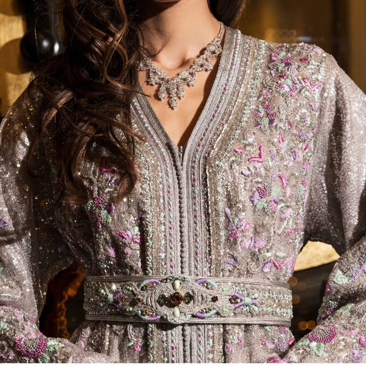 FW 2026 luxury couture Moroccan kaftan collection featuring handcrafted embroidery and winter tones