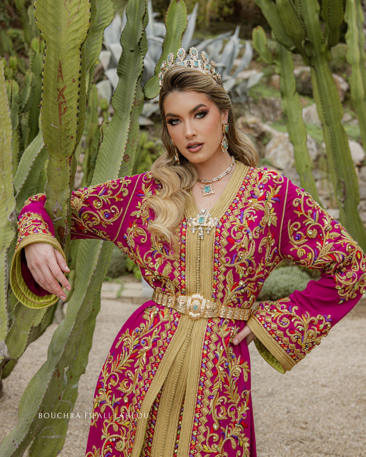 Imperial Fuchsia caftan de luxe with gold embroidery