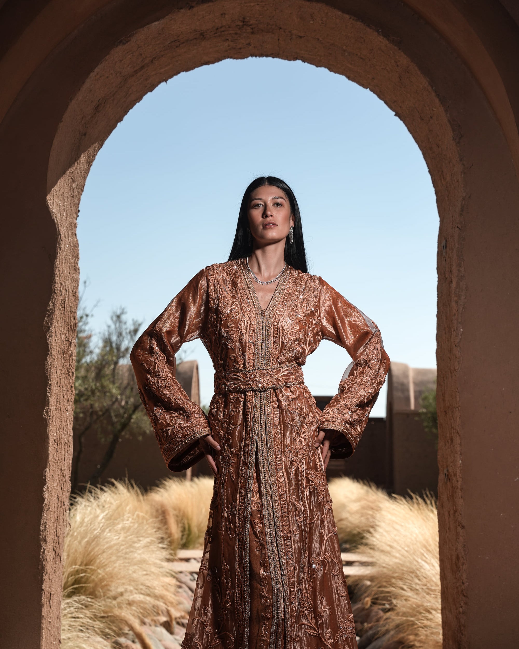 Copper Solstice devoré copper velvet Moroccan kaftan with tone-on-tone embroidery