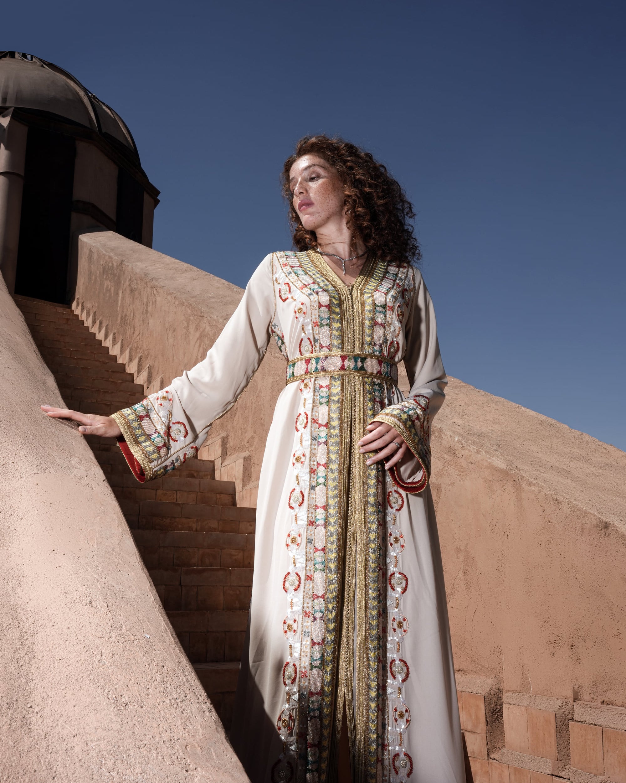 Ecru Tapestry ecru Moroccan kaftan with bands of polychrome beading
