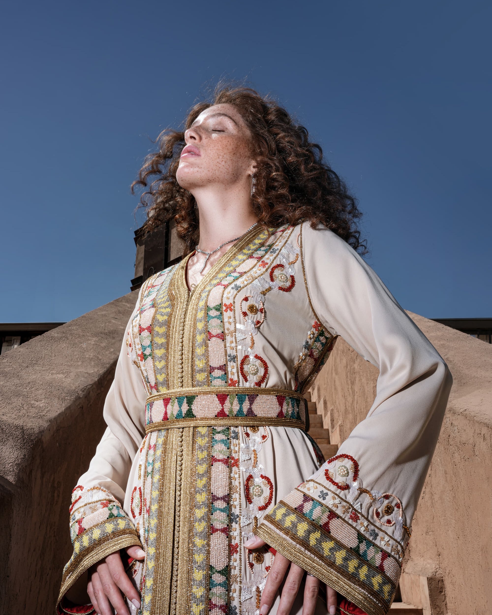 Ecru Tapestry ecru Moroccan kaftan with bands of polychrome beading