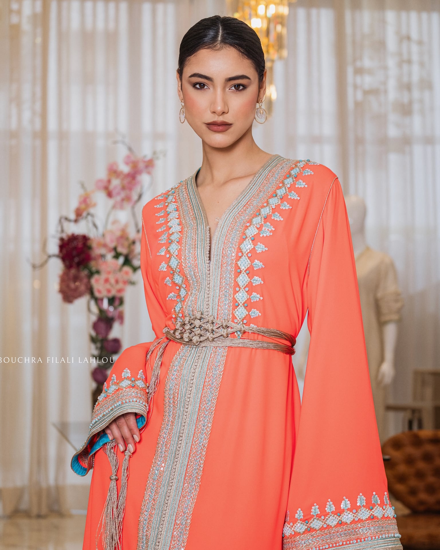 Persimmon Filigree one-piece Moroccan caftan with a silver hand-worked braid, full-length front view