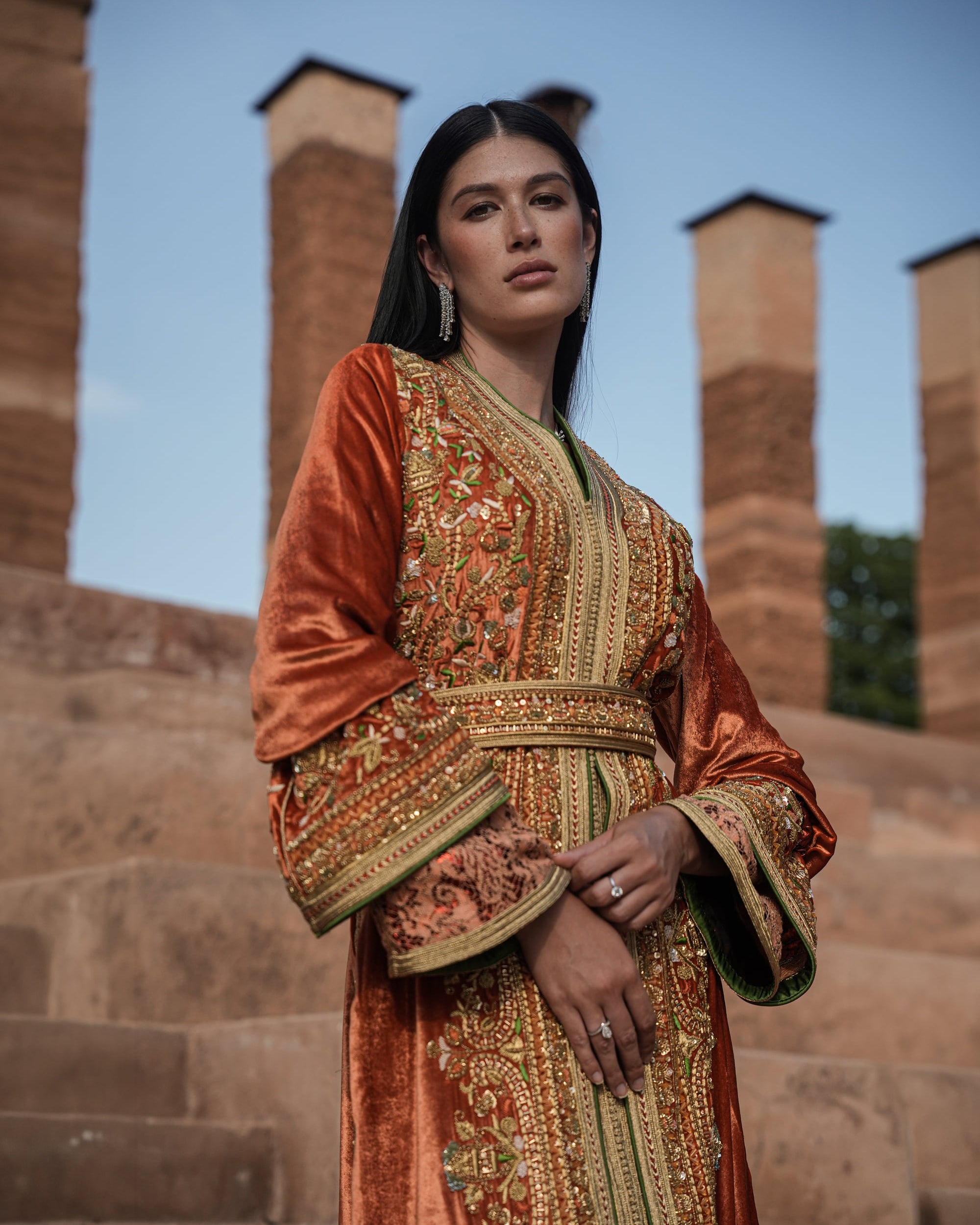 Terracotta Zenith rust velvet Moroccan kaftan with gold and green embroidery