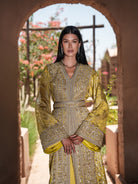 Citron Prelude anise yellow brocade lamé Moroccan kaftan with silver embroidery