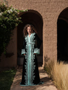 Cypress Portico deep green velvet Moroccan kaftan with sea-green embroidery, full-length view