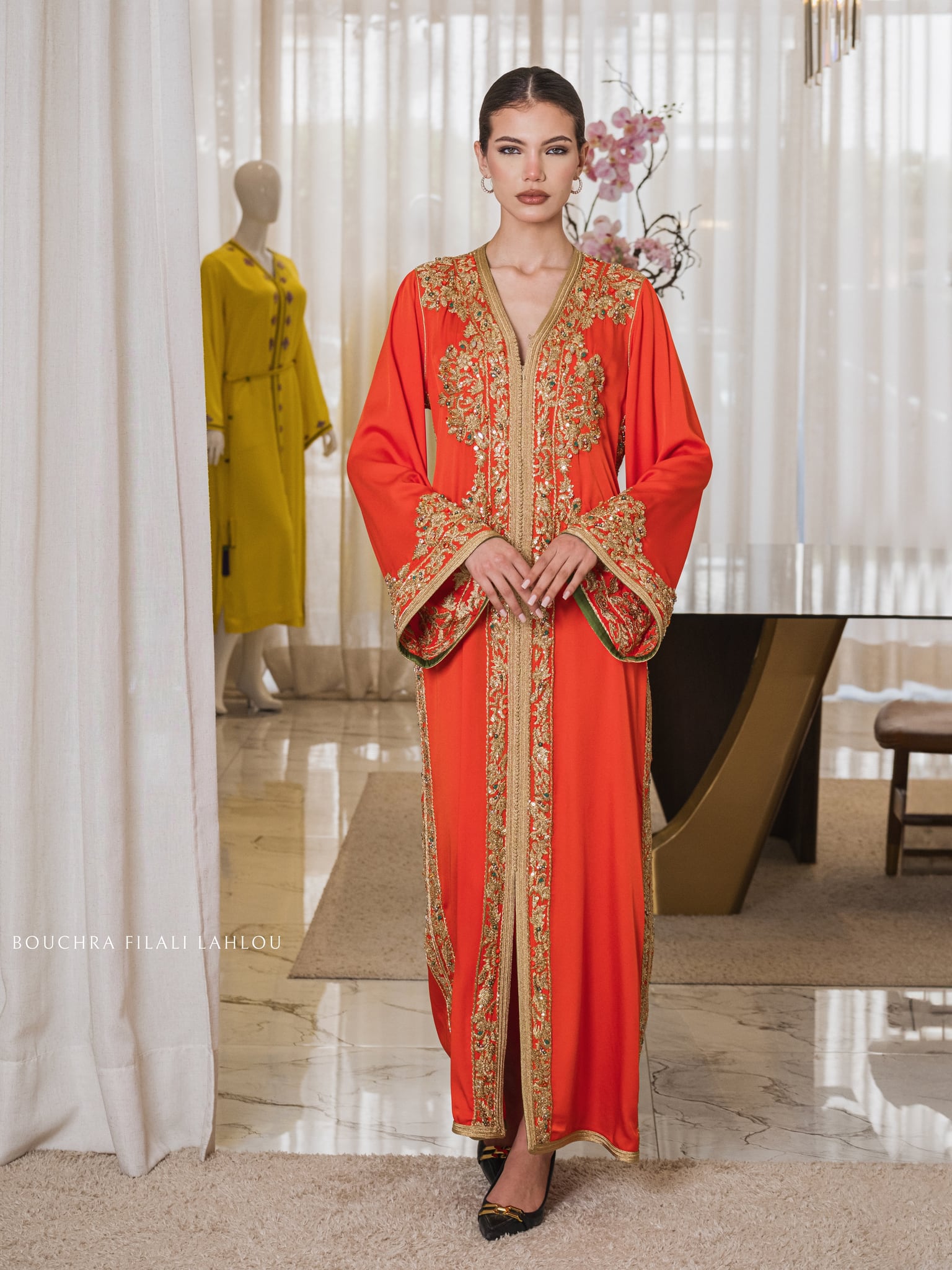 Vivid marigold dress with gold embroidery at the placket and wide sleeves