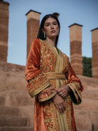 Terracotta Zenith rust velvet Moroccan kaftan with gold and green embroidery